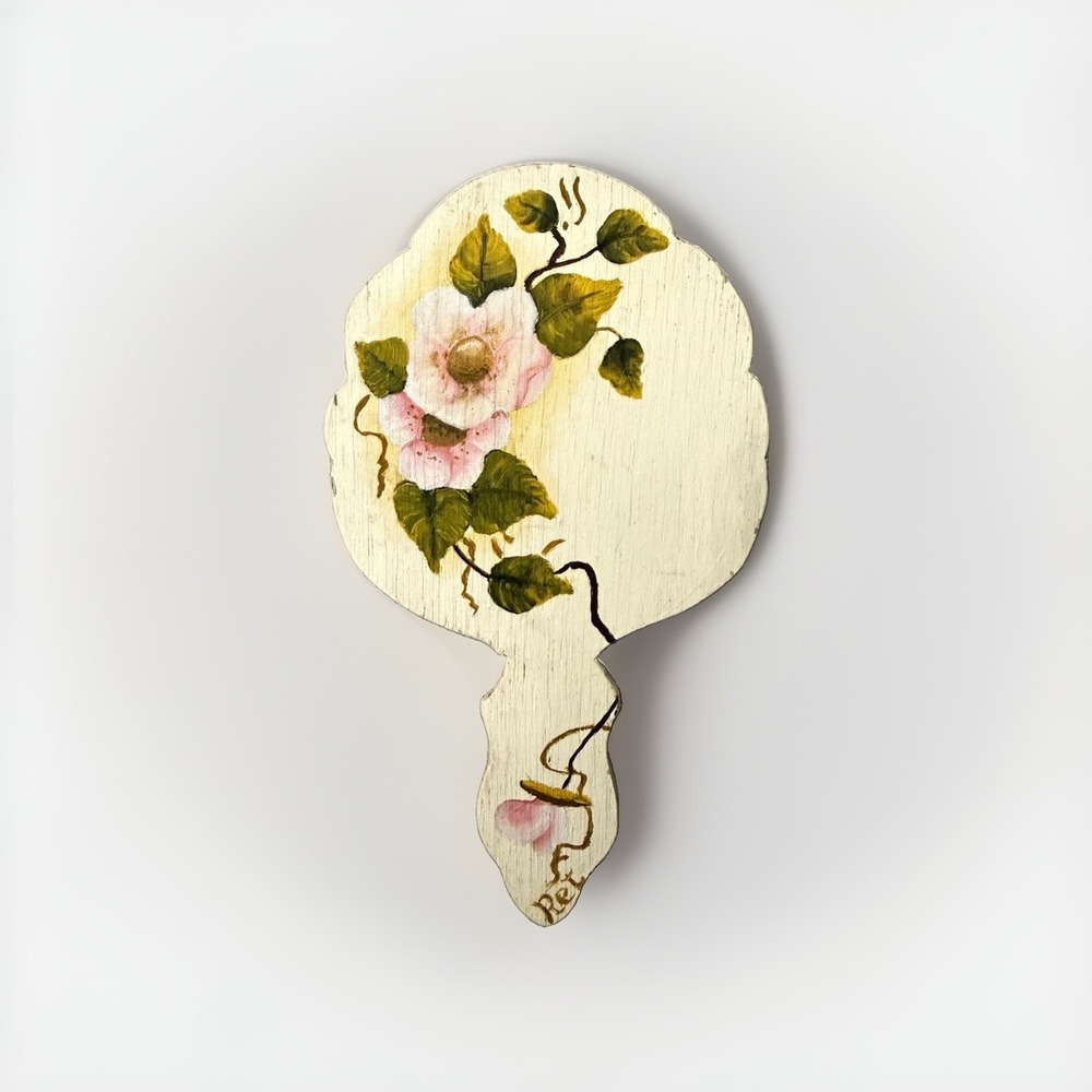 Vintage Handmade Hand-Painted Wooden Hand Fan Floral Pink Flower Design